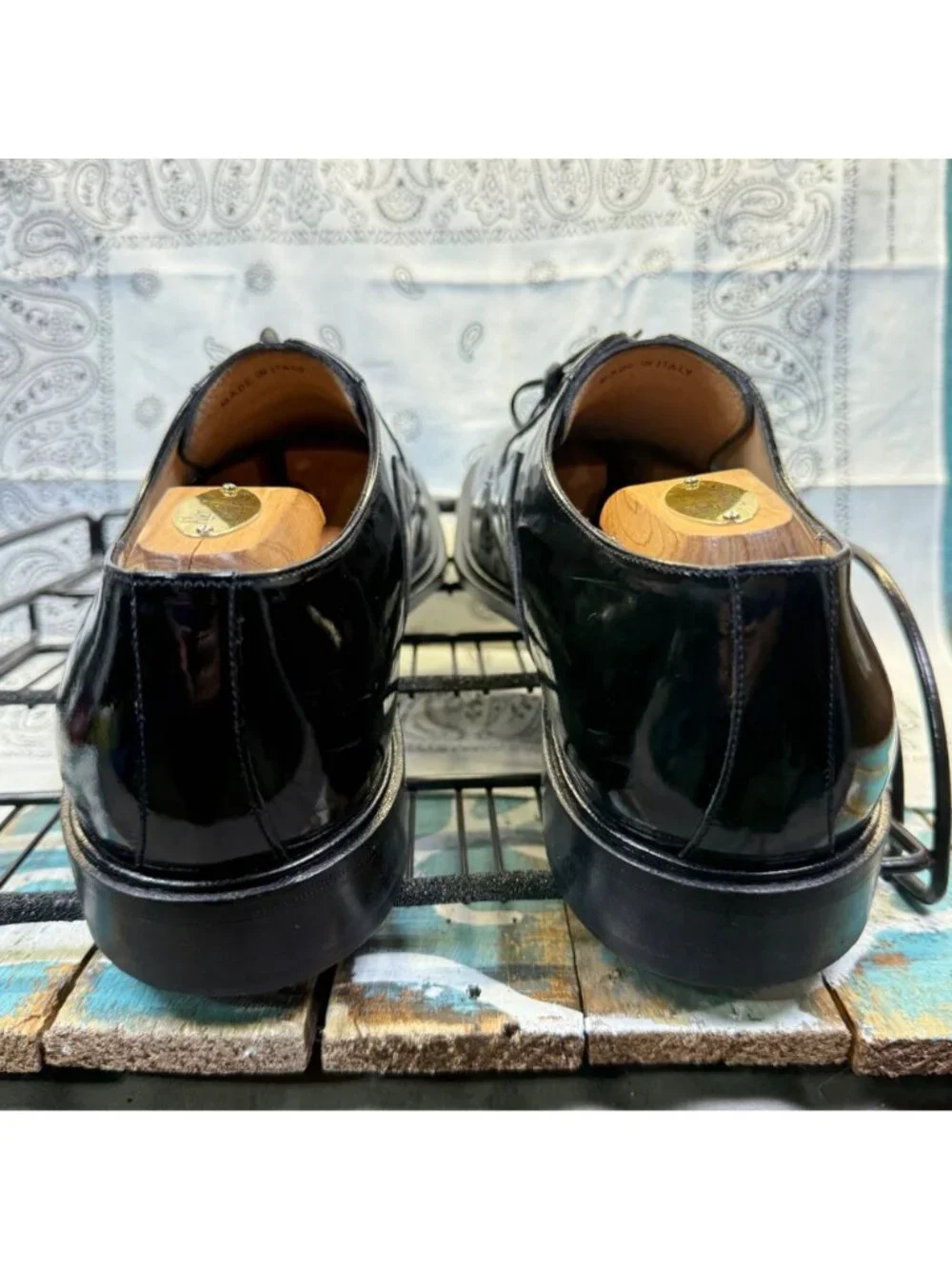 Johnston & Murphy Black Oxford Pat Leather Square Toe 15-1501Men 11.5 ITALY MADE